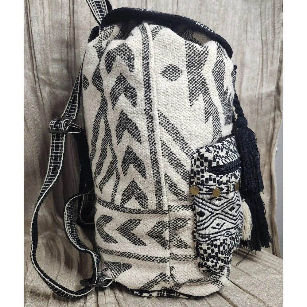 Jumbo Tribal Jerga Backpack Black & White Woven Baja Mochila Gorpcore Boho Beach
